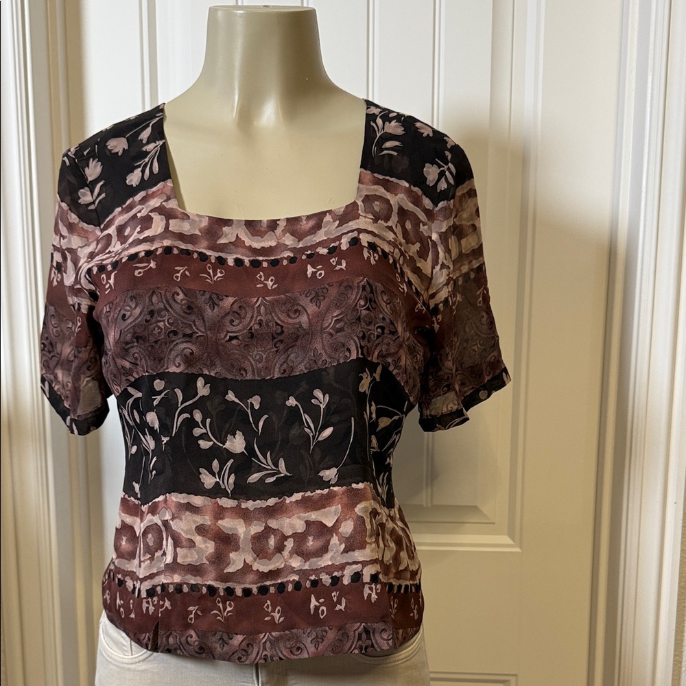 Dana Buchman Silk Mixed Print Square Neck Button Back Blouse Brown Black S